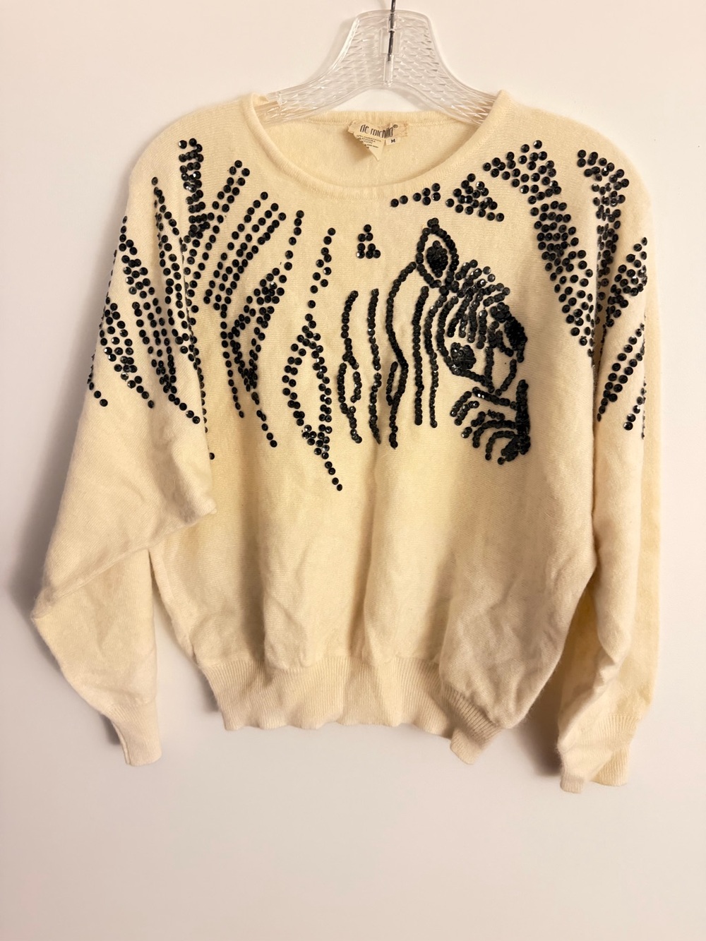 Women’s White Crewneck Sweater with Black Sequin Zebra